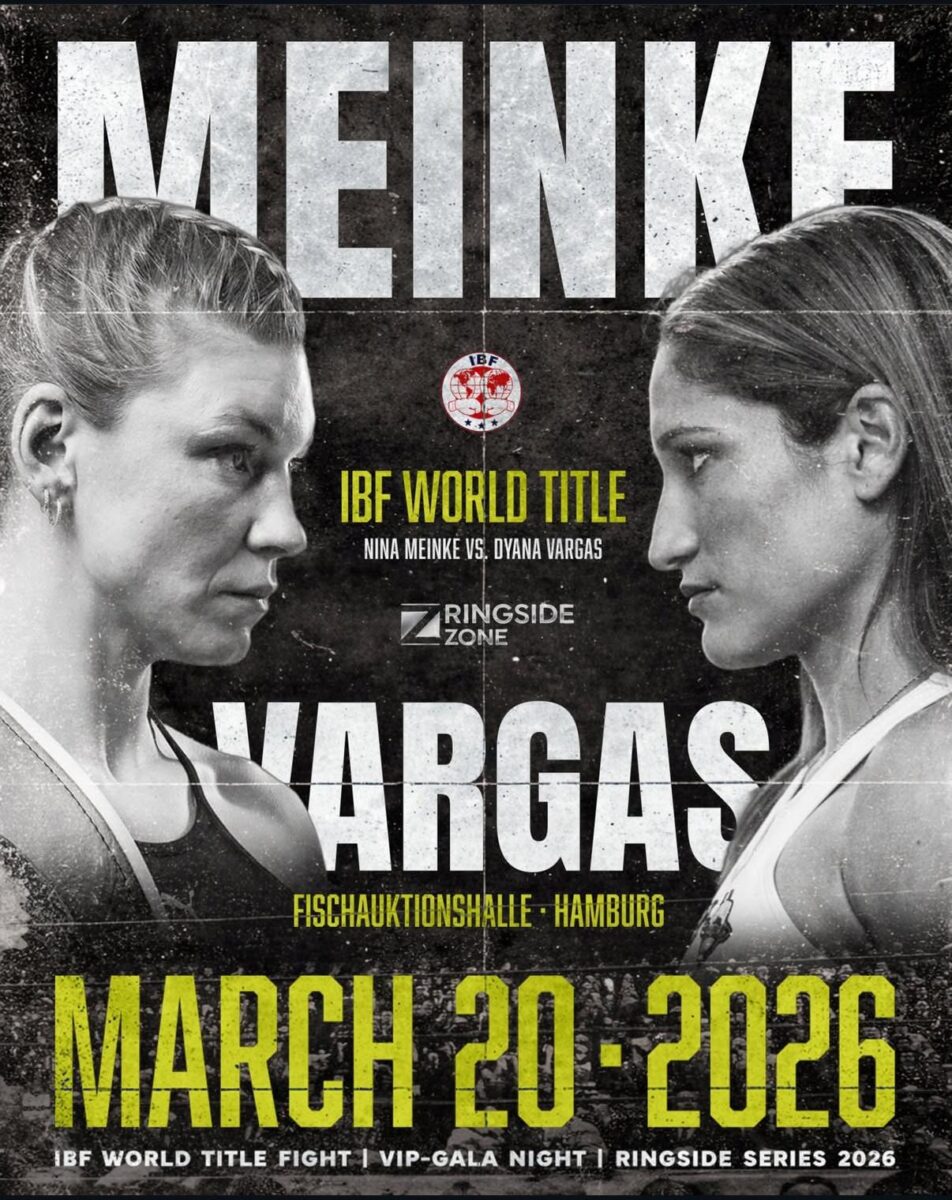 Plakat für den IBF-Weltmeisterschaftskampf zwischen Nina Meinke und Dyana Vargas am 20. März 2026 in Hamburg.