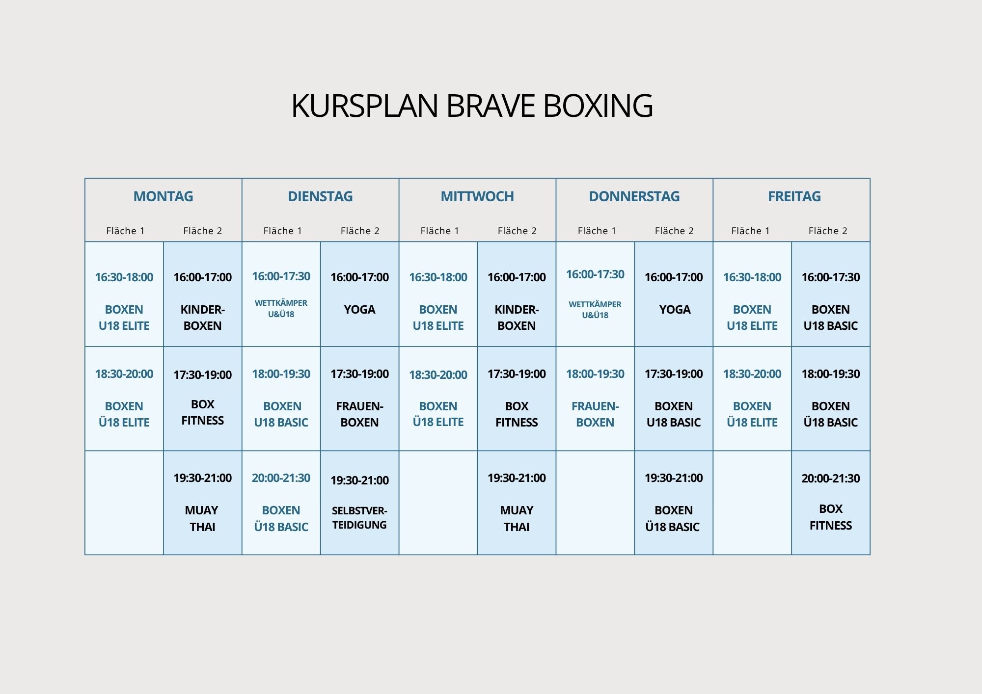 Kursplan Brave Boxing zeigt Wochentage mit Blauen Feldern für Kurse wie Boxen U18 Elite, Box Fitness, Yoga und Muay Thai