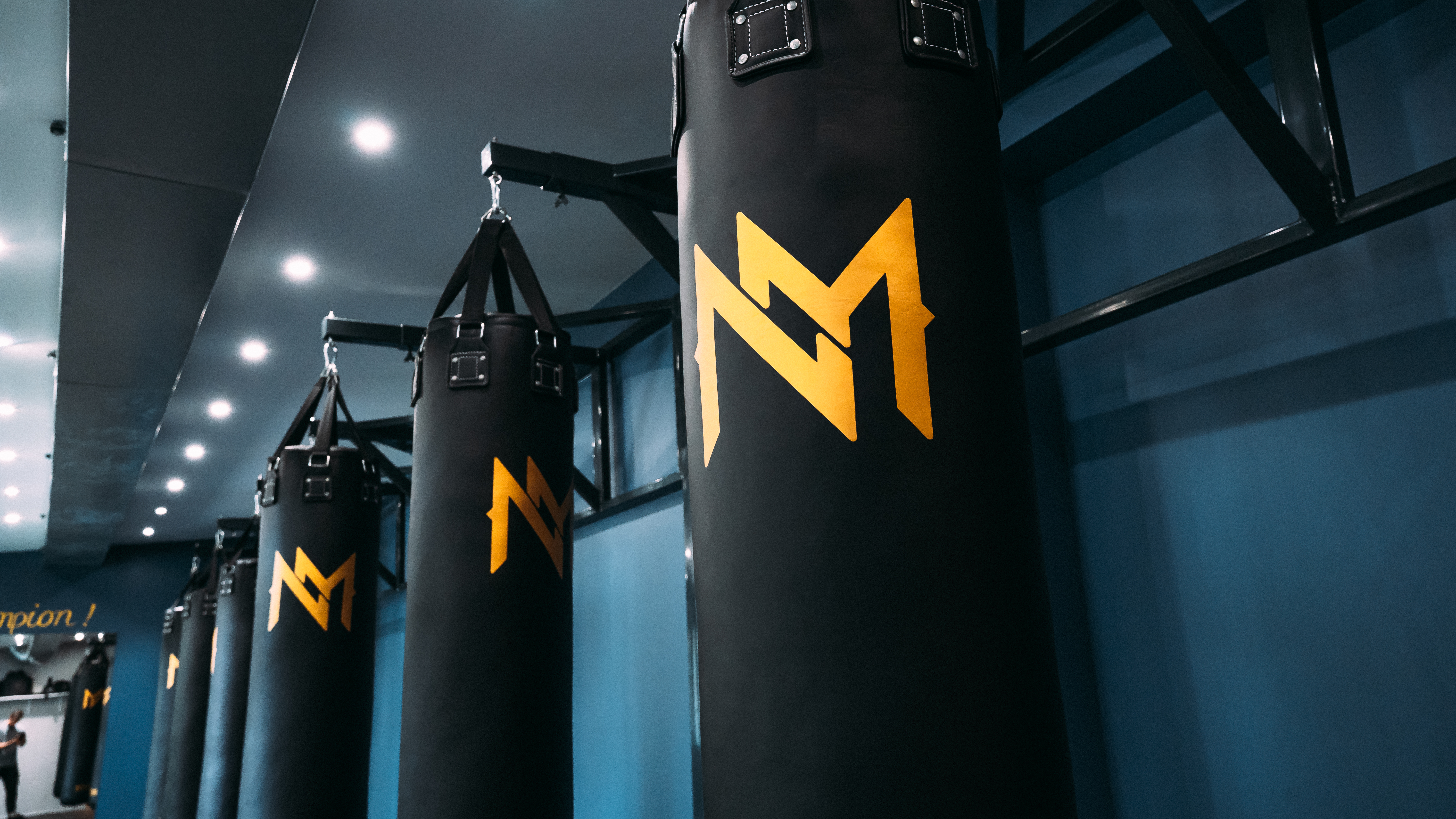 Reihen schwarzer Boxsäcke mit goldenem Brave-Logo hängen in der modernen Trainingshalle des Brave Boxing Gym.