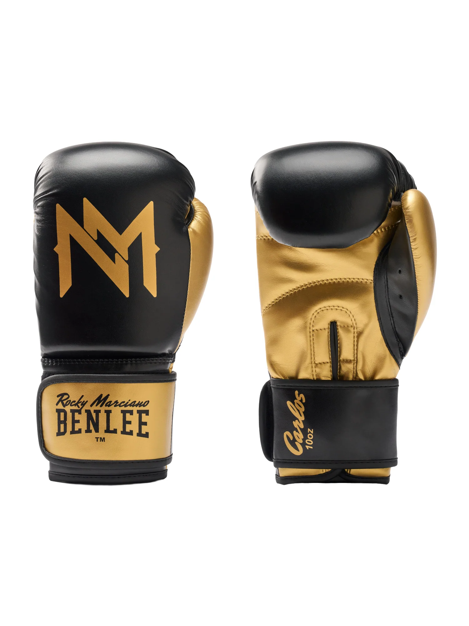 Boxhandschuhe CARLOS MEINKE BENLEE in Schwarz und Gold mit dicker Schaumfüllung und extra breitem Klettverschluss am Handgelenk.
