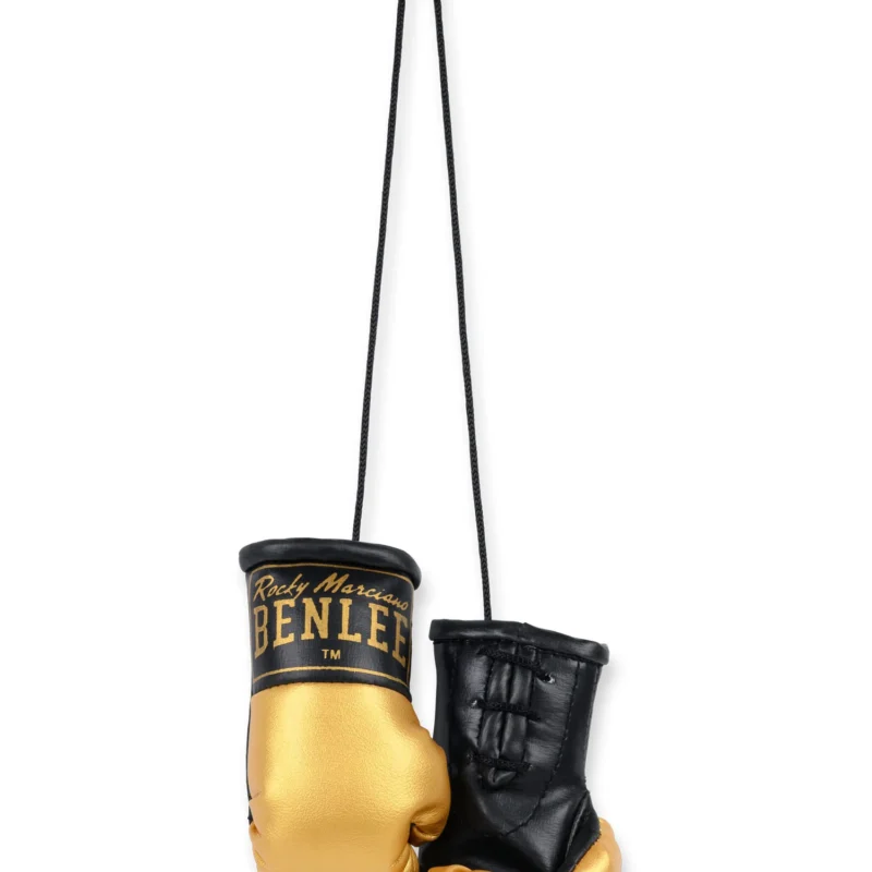 Schwarz-goldene Mini-Boxhandschuhe von BENLEE in der Nina-Meinke-Version mit Kunstlederoptik und Aufdruck Rocky Marciano, mit Aufh&auml;ngeschnur.