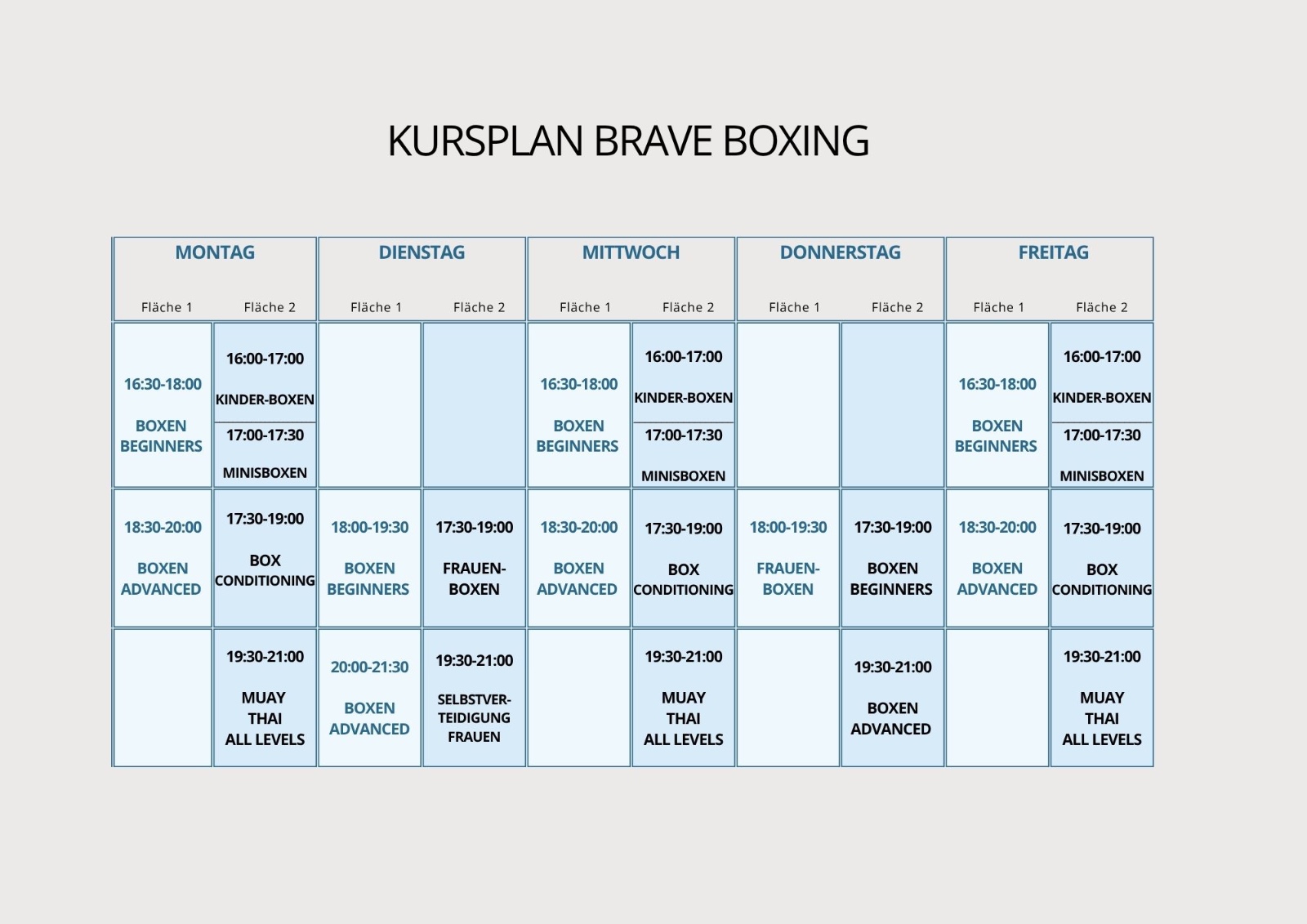 Kursplan Brave Boxing mit Trainingszeiten für Boxen, Kinder-Boxen, Mini-Boxen, Muay Thai, Frauen-Boxen und Box-Conditioning in tabellenform auf weißem Hintergrund.